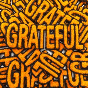 May include: A collection of orange and black embroidered patches spelling out the word "Grateful". The patches have a fuzzy texture and a black border. The word is in a bold, blocky font.