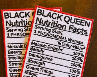Black Queen Nutrition Facts Embroidered Patch, Iron On/Sew On