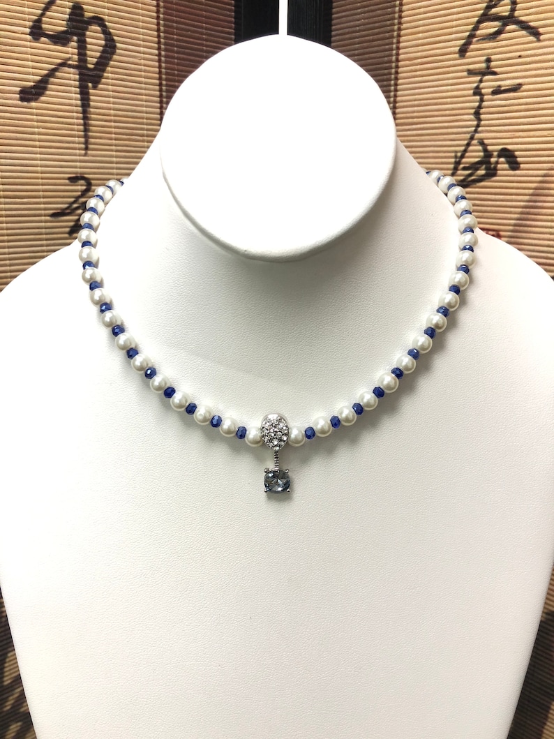 Korea Jewelry 4 mm Aqua Blue Rhinestone Pendant Aqua Blue Gemstone Choker Pearl Beaded Necklace Tourmaline Magnetic Clasp 4 mm Beads