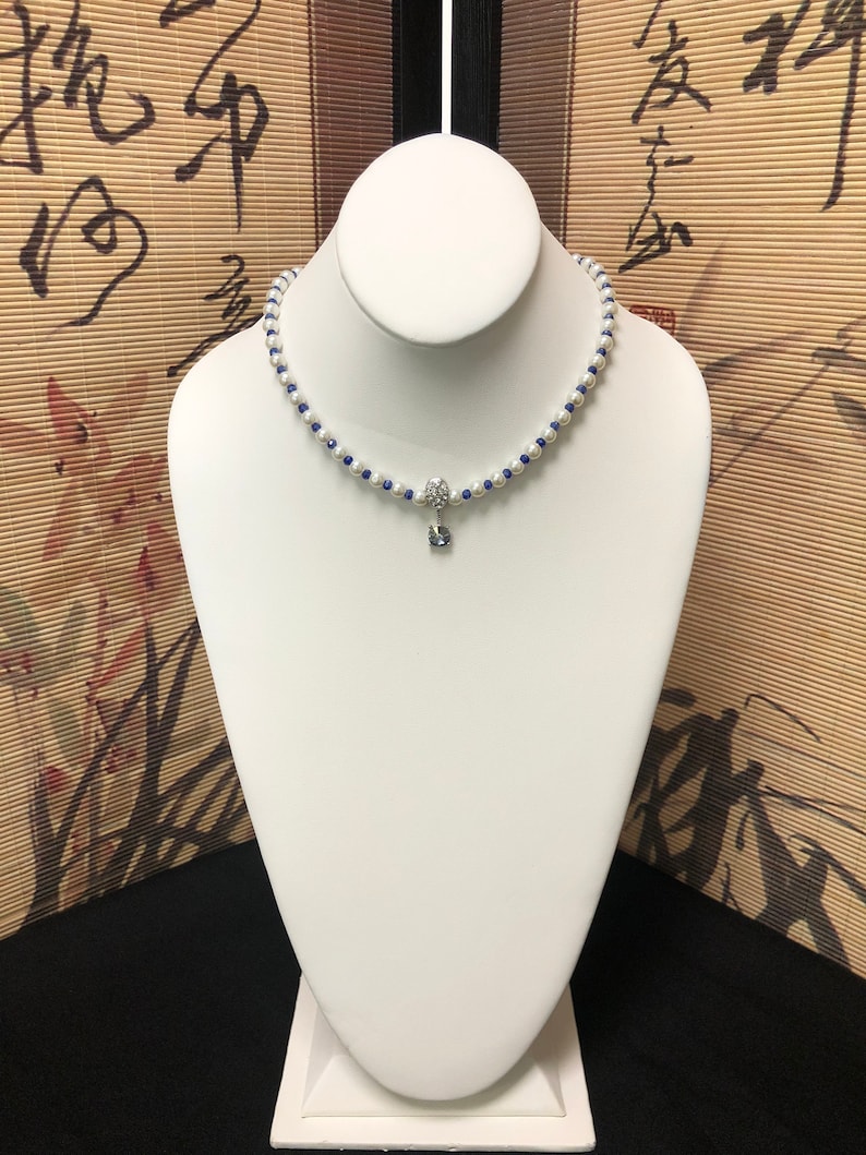 Korea Jewelry 4 mm Aqua Blue Rhinestone Pendant Aqua Blue Gemstone Choker Pearl Beaded Necklace Tourmaline Magnetic Clasp 4 mm Beads