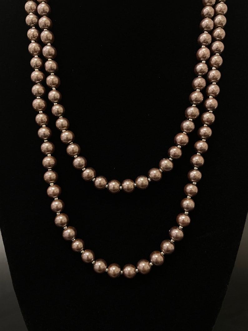 14K White Gold Filled Clasp Korea Jewelry 2 Strand Long Pearl Necklace Brown Pearl Double Strand Brown Shell Pearl Necklace