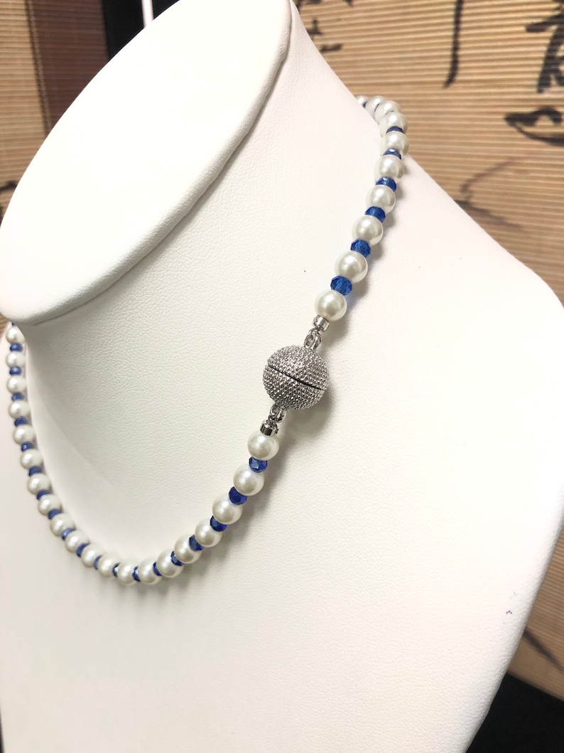 Korea Jewelry 4 mm Aqua Blue Rhinestone Pendant Aqua Blue Gemstone Choker Pearl Beaded Necklace Tourmaline Magnetic Clasp 4 mm Beads