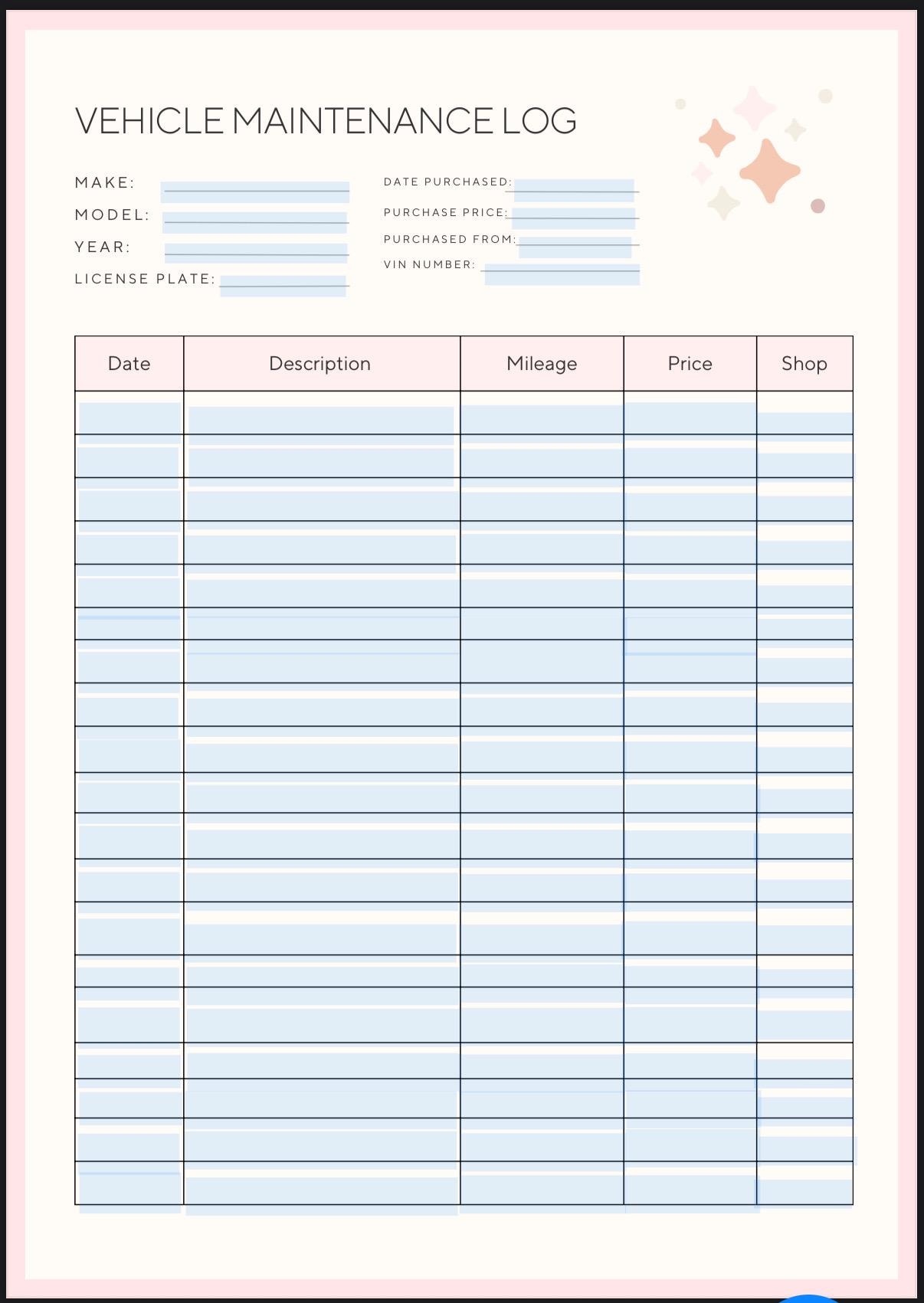 Up Rotation Car Log Cute Vehicle Maintenance Log Download, Editable, Car Log, Maintenance ...