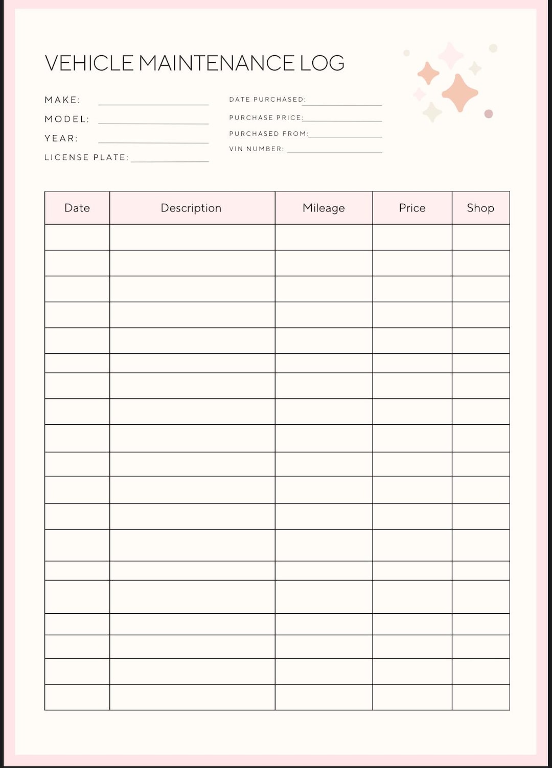 Cute Vehicle Maintenance Log Download, Editable, Car Log, Maintenance ...