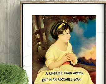 funny print, Train Wreck, maximalist eclectic wall art, quirky, remade painting, fun art