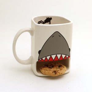 Shark mug, cookie dunk mug, scuba diving mug, tea and biscuits