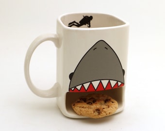 Shark mug, cookie dunk mug, scuba diving mug, tea and biscuits