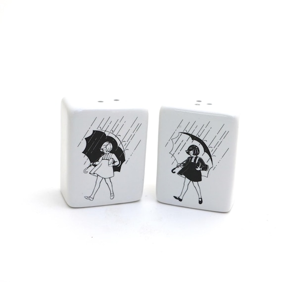 Salt and pepper shakers, girl with umbrella, vintage image, rectangular, funny novelty gift