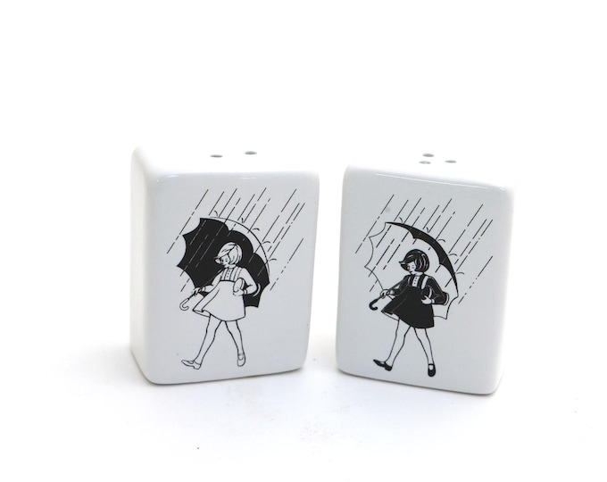 Salt and pepper shakers, girl with umbrella, vintage image, rectangular, funny novelty gift