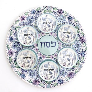 Seder plate and dishes, blue purple floral, Passover, Handmade ceramic, Judaica, ships immediately