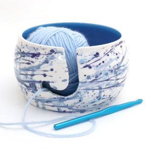 Ceramic yarn bowl, blue splash, knitting gift, crochet bowl