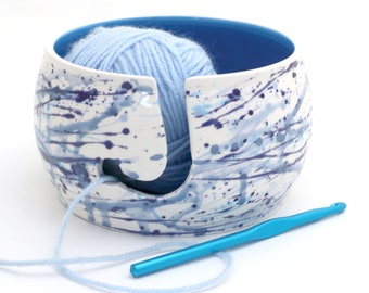 Ceramic yarn bowl, blue splash, knitting gift, crochet bowl