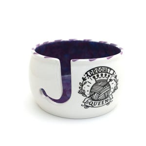 yarn bowl, Crochet Queen in PURPLE, yarn storage, ceramic