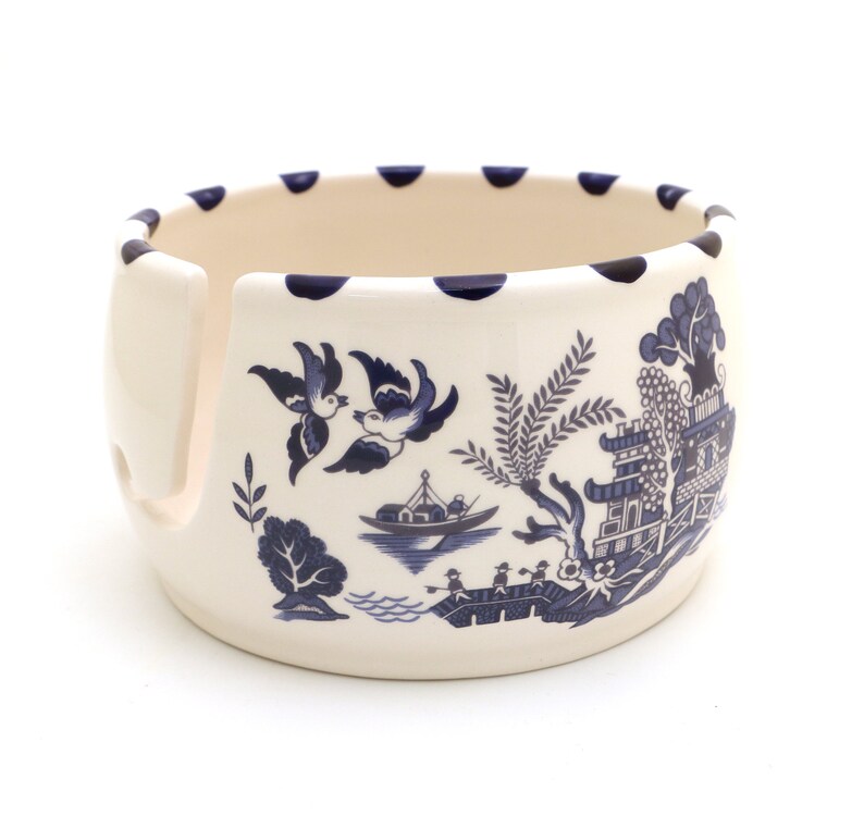 Blue Willow inspired yarn bowl lovebirds chinoiserie