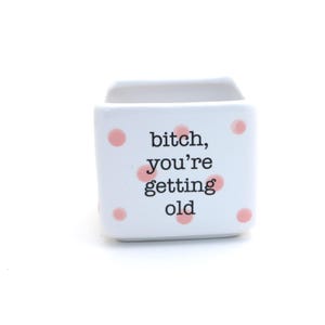 May include: A white ceramic container with a rectangular shape and a small opening at the top. The container is decorated with pink polka dots and the phrase "bitch, you're getting old" in black text.