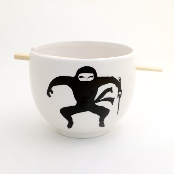 Handmade ramen bowl, ninja, noodle bowl, with chopsticks