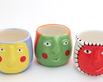 Face pot, planter, ceramic cup, handmade and one of a kind, select design