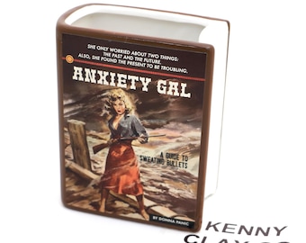 Book vase, Anxiety Gal, vintage pulp novel, pencil holder, planter, gift for introvert reader,