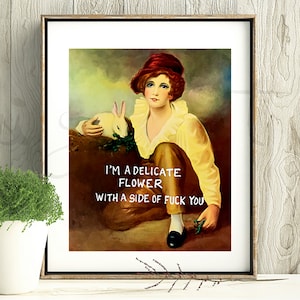 funny print, Delicate Flower, maximalist eclectic wall art, quirky, remade painting, fun art