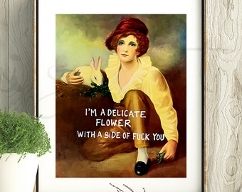 funny print, Delicate Flower, maximalist eclectic wall art, quirky, remade painting, fun art