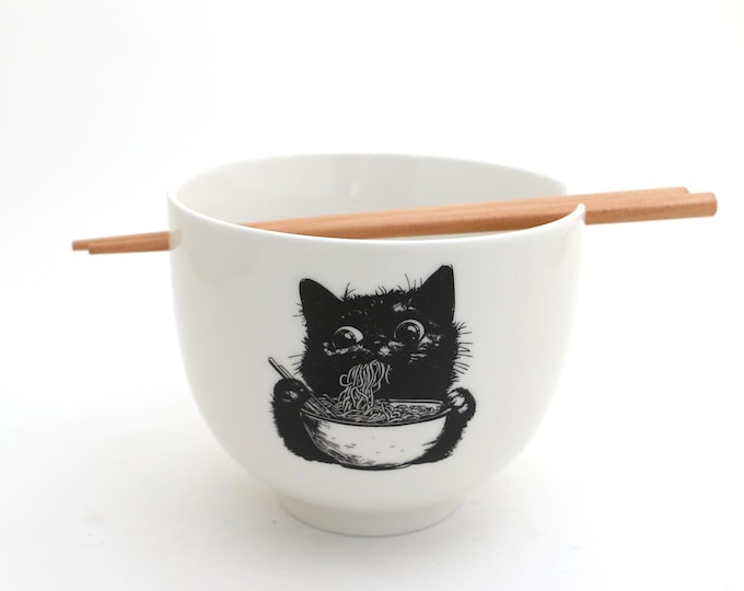 Handmade Ceramic Cat Ramen Bowl with Chopsticks