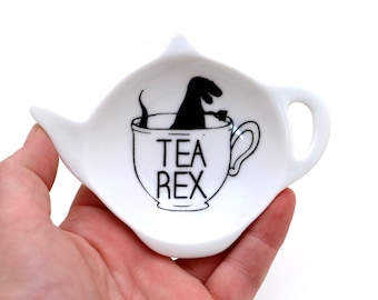 Tea Rex teabag holder, funny wordplay, pun, gifts under 15, dinosaur lover, tea drinker gift