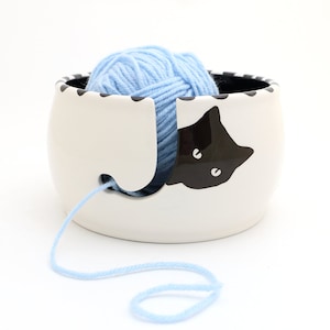 Yarn bowl, black cat peeping, knitting and crochet gift