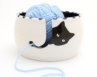 Yarn bowl, black cat peeping, knitting and crochet gift