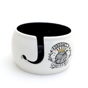 yarn bowl, Crochet Queen in BLACK with gold, yarn storage, ceramic