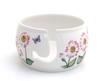 Yarn bowl, pink daisies, floral, knitting crochet gift