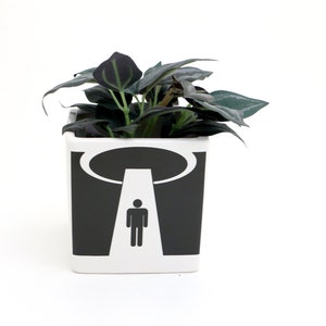 May include: A white ceramic planter with a black and white graphic of a UFO abducting a person. The planter is filled with green leafy plants.