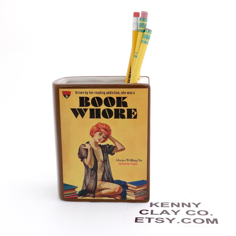 Book vase, Book Whore, vintage pulp novel, pencil holder, planter, gift for reader, image 2