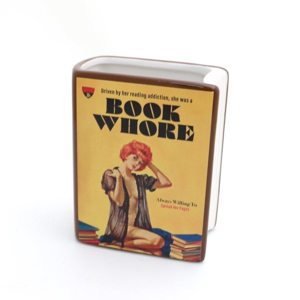 Book vase, Book Whore, vintage pulp novel, pencil holder, planter, gift for reader,