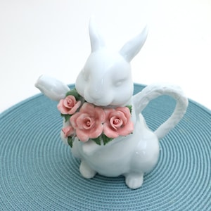 Rabbit teapot, easter gift, porcelain bunny with bouquet of roses