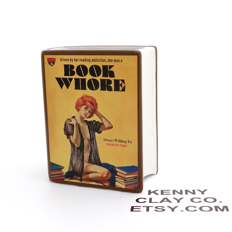 Book vase, Book Whore, vintage pulp novel, pencil holder, planter, gift for reader, image 1