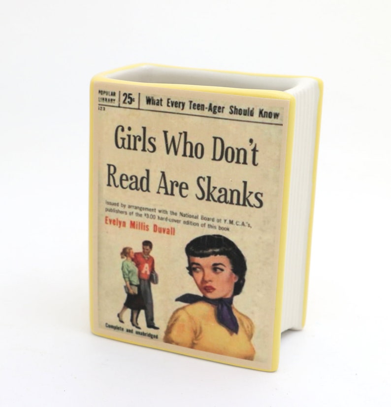 Book vase, Girls who Don't Read are Skanks, vintage pulp novel, pencil holder, planter, gift for reader 