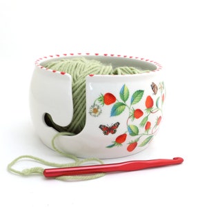 Strawberries yarn bowl, large ceramic , gift for knitter, crochet bowl