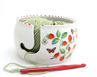 Strawberries yarn bowl, large ceramic , gift for knitter, crochet bowl