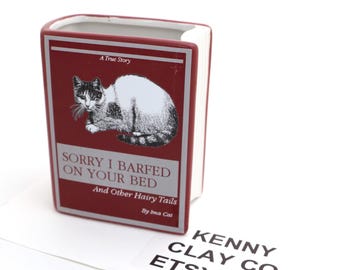 Funny Cat Book Vase: "Sorry I Barfed" Stoneware Planter