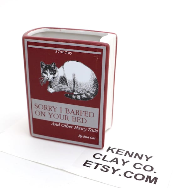 Funny Cat Book Vase: "Sorry I Barfed" Stoneware Planter