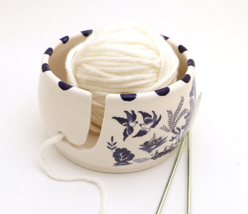 Blue Willow inspired yarn bowl lovebirds chinoiserie