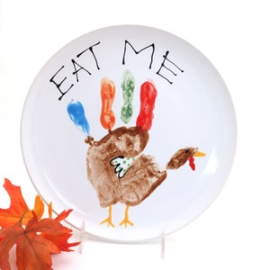 Funny plate, Eat Me, Handprint Turkey, stoneware platter, Thanksgiving