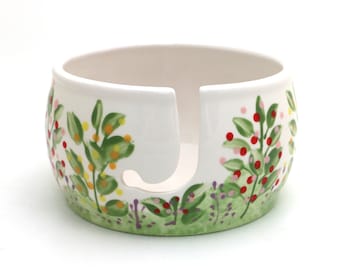 Ceramic yarn bowl, garden, flowers,  knitting supplies, crochet supply