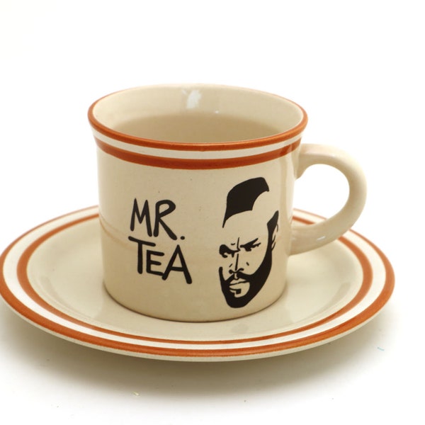 Mr Tea teacup and saucer, upcycled stoneware, Mr T, 80s nostalgia, funny tea cups