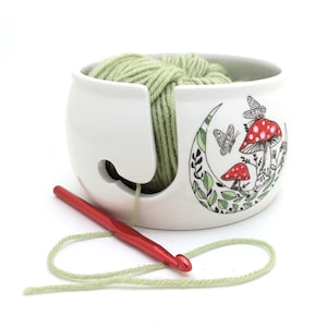 Handmade yarn bowl: mushroom moon crochet knit bowl