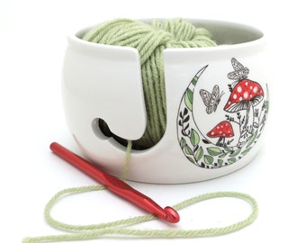 Handmade yarn bowl: mushroom moon crochet knit bowl