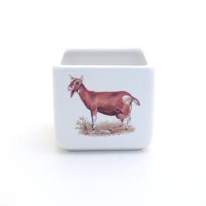 May include: A white ceramic container with a rectangular shape and a cutout on top. The container features a detailed illustration of a brown goat with a white patch, standing on grass.