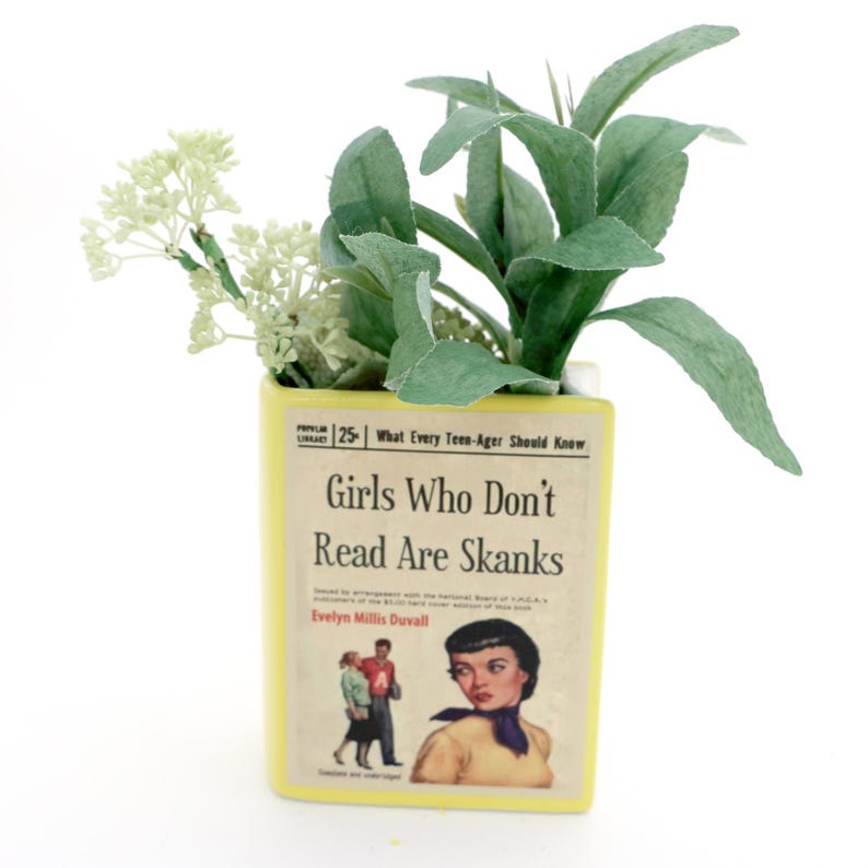 May include: A yellow ceramic planter shaped like a book with the title "Girls Who Don't Read Are Skanks" and the author "Evelyn Millis Duvall". The planter has a green plant growing out of it.