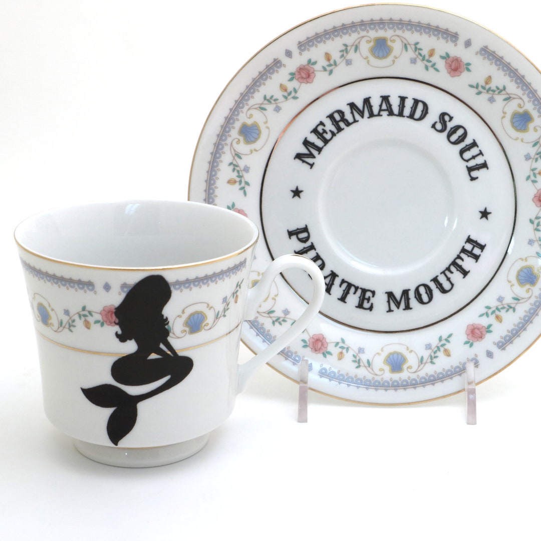 Vintage Teacup and Saucer, Mermaid, Rude Tea Cup, Upcycled, Funny Tea