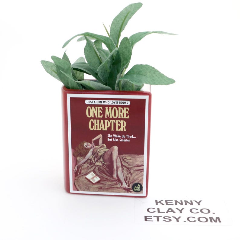 May include: A red ceramic planter shaped like a book with the title "One More Chapter" and the text "Just a girl who loves books" and "She woke up tired... But also smarter". The planter has a green plant growing out of the top.